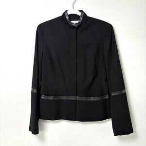 Rena Rowan Blazer Jacket Womens 4 Black Wool Full Zip Faux Leather Trim Stretch